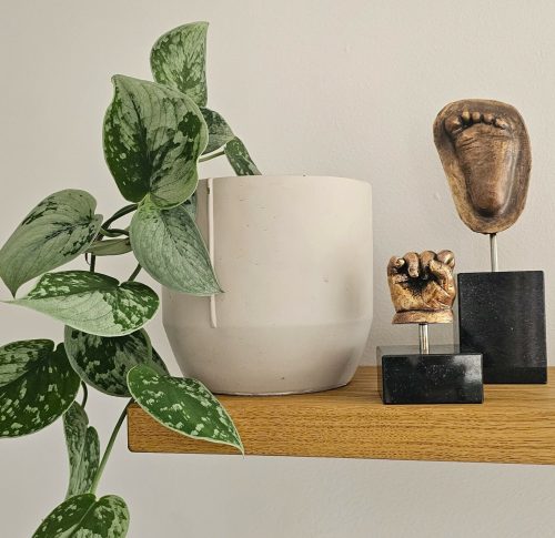Handje en voetje in brons op een zwart stenen sokkel geplaatst op een wandplank naast een plant.