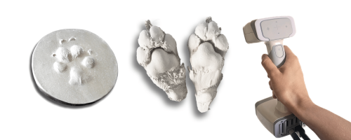 3 vormen van afdrukken, hondenpoot platte afdruk, 3D afdruk en 3D scan